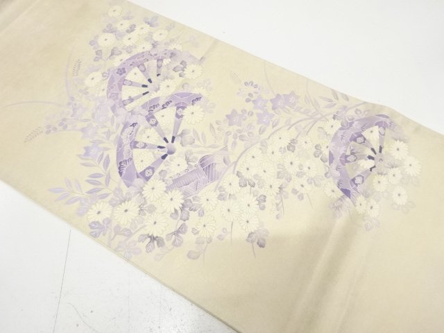 JAPANESE KIMONO / ANTIQUE FUKURO OBI / SILK / HAND PAINTED YUZEN / CART & FLORAL PLANTS / ARTIST WORK